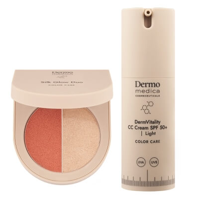 Dermomedica DermVitality CC Cream SPF 50 + Silk Glow Duo ZESTAW Koloryzujący krem korygujący z bardzo wysoką ochroną UVA/UVB (kolor Light) 30 ml + Paletka do makijażu 5,5 g