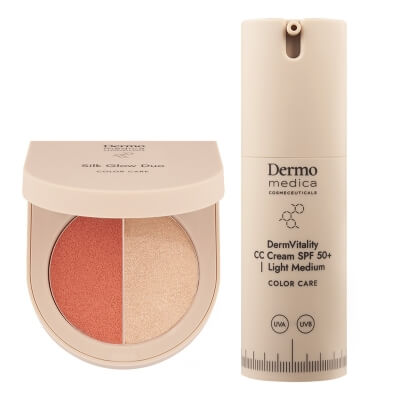 Dermomedica DermVitality CC Cream SPF 50 + Silk Glow Duo ZESTAW Koloryzujący krem korygujący z bardzo wysoką ochroną UVA/UVB (kolor light medium) 30 ml + Paletka do makijażu 5,5 g