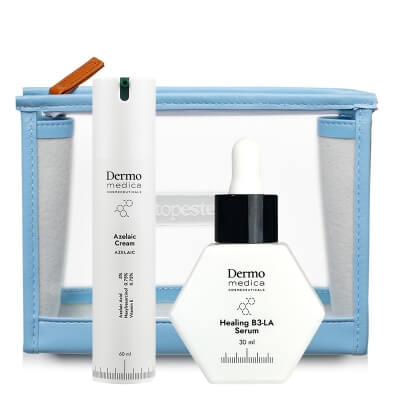 Dermomedica Pielęgnacja Cery Trądzikowej ZESTAW Serum na dzień i na noc 30 ml + Krem z kwasem azelainowym, witaminą E i heksylorezorcynolem 60 ml + Kosmetyczka 1 szt
