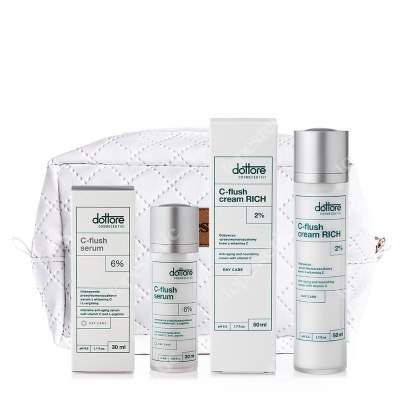 Dottore C-flush Set ZESTAW Intensywnie przeciwzmarszczkowe serum z 6% witaminą C 30 ml + Odżywczo-przeciwzmarszczkowy krem z witaminą C 50 ml + Kosmetyczka