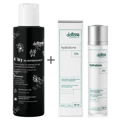 Dottore City Gel + Hydratore 5 % ZESTAW Żel oczyszczający do rąk 100 ml + Intensywnie nawilżający krem z 5 % kwasem migdałowym 50 ml