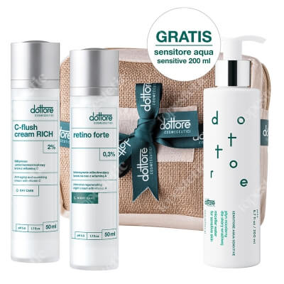 Dottore Kuracja Regenerująca na Prezent ZESTAW Krem z witaminą C 50 ml + Krem na noc z witaminą A (retinol 0,3%) 50 ml + Płyn micelarny 200 ml gratis + kosmetyczka 1 szt