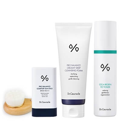 Dr Ceuracle Cleansing Foam + Cica Regen 92 Toner + Sun Stick SPF 50+ + Szczotka Topestetic ZESTAW Pianka 150 g + Tonik 120 ml + Krem w sztyfcie SPF 50+ 18 g + Szczotka do mycia twarzy 1 szt