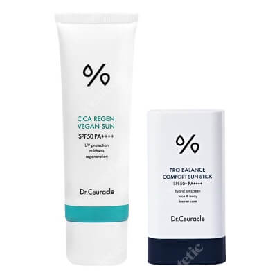 Dr Ceuracle Sun Stick + Cica Regen Vegan Sun SPF 50/PA ++++ ZESTAW Przeciwsłoneczny krem w sztyfcie z probiotykami SPF 50+ 18 g + Delikatny wegański krem przeciwsłoneczny 50 ml