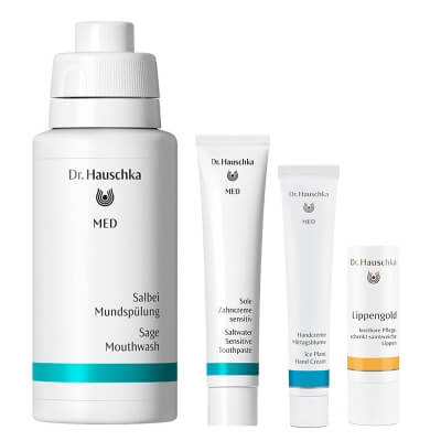 Dr Hauschka Basic Set ZESTAW Pasta do zębów 75 ml + Płyn do płukania jamy ustnej 300 ml + Krem do rąk 50 ml + Sztyft do ust 4,9 g