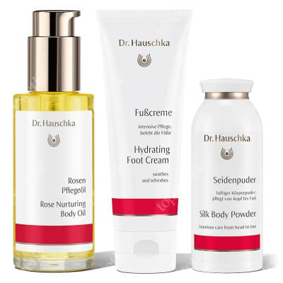 Dr Hauschka Body Care ZESTAW Olejek do ciała z róży 75 ml + Nawilżający krem do stóp 75 ml + Jedwabny puder do ciała 50 g