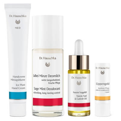 Dr Hauschka Body Care ZESTAW Sztyft do ust 4,9 g + Dezodorant 50 ml + Olejek do paznokci 18 ml + Krem do rąk 50 ml