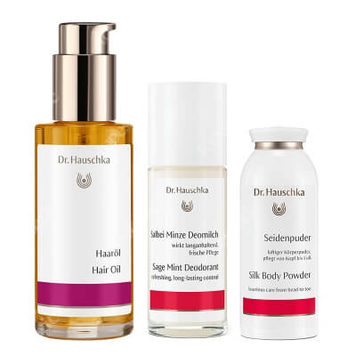 Dr Hauschka Body + Hair ZESTAW Jedwabny puder do ciała 50 g + Olejek do włosów 75 ml + Dezodorant 50 ml