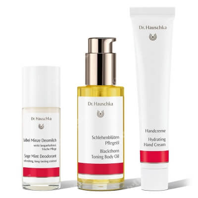 Dr Hauschka Body Set ZESTAW Olejek do ciała z tarniną 75 ml + Dezodorant z szałwii i mięty 50 ml + Nawilżający krem do rąk 50 ml