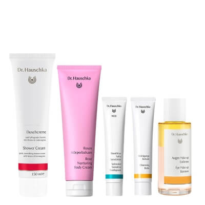 Dr Hauschka Clean Routine ZESTAW Balsam do mycia 75 ml + Płyn do demakijażu 75 ml + Krem pod prysznic 150 ml + Krem do ciała 145 ml + Pasta do zębów 75 ml