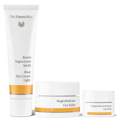 Dr Hauschka Face + Eye + Lip ZESTAW Lekki krem z róży na dzień 30 ml + Balsam pod oczy 10 ml + Balsam do ust 4,5 ml