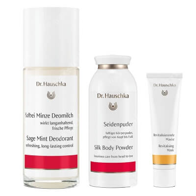 Dr Hauschka Favorite Set ZESTAW Jedwabny puder do ciała 50 g + Dezodorant z szałwii i mięty 50 ml + Maseczka rewitalizująca 30 ml