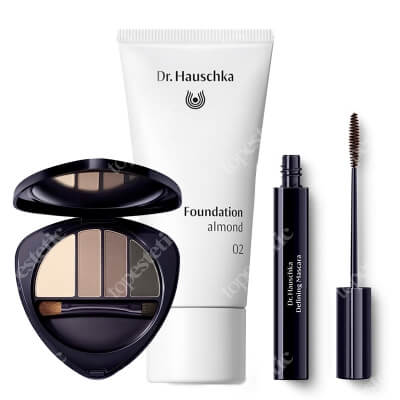 Dr Hauschka Make Up Set ZESTAW Podkład (kolor 02 Almond) 30 ml + Paleta cieni do powiek i brwi (kolor 01 Stone) 5,3 g + Pogrubiający tusz do rzęs (kolor Brown) 6 ml
