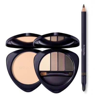 Dr Hauschka Make Up Set ZESTAW Puder kompaktowy transparentny 8g + Paleta cieni do powiek i brwi (kolor 01 Stone) 5,3 g + Kredka do oczu (kolor 02 Brown) 1,05 g