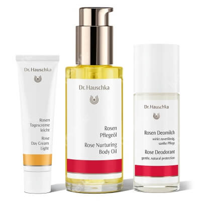 Dr Hauschka Rose Super Set ZESTAW Lekki krem z róży na dzień 30 ml + Dezodorant z róży 50 ml + Olejek do ciała z róży 75 ml