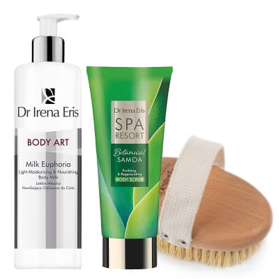 Dr Irena Eris Botanical Samoa Body Scrub + Milk Euphoria Body Milk + Szczotka Topestetic ZESTAW Peeling do ciała 200 g + Mleczko nawilżająco-odżywcze 400 ml + Szczotka 1 szt