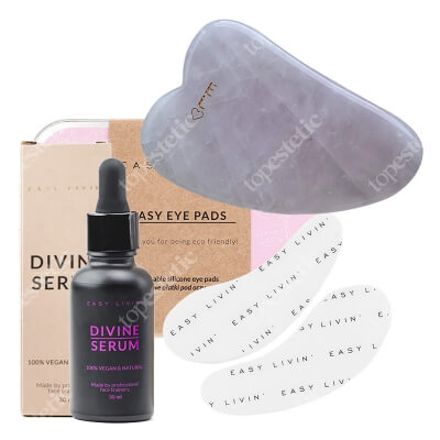 Easy Livin Divine Serum + Easy Eye Pads + Mini Gua Sha GRATIS ZESTAW Olejowe serum do masażu twarzy 30 ml + Płatki pod oczy 2 szt + Mini gua sha z różowego kwarcu 1 szt
