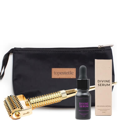 Easy Livin Divine Serum + Gold Derma Roller 24 K ZESTAW Olejowe serum 10 ml + Roller z miedzi pokryty złotem 1 szt. + Kosmetyczka 1 szt