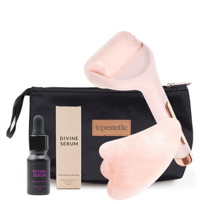 Easy Livin Divine Serum + GUA SHA + Ice Roller ZESTAW Olejowe serum 10 ml + Kamień z różowego kwarcu 1 szt. + Chłodzący wałek 1 szt + Kosmetyczka 1 szt