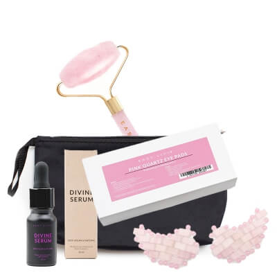 Easy Livin Divine Serum + Roller + Płatki Pod Oczy ZESTAW Olejowe serum 10 ml + Wałeczek z różowego kwarcu 1 szt. + Płatki z różowego kwarcu 1 szt + Kosmetyczka 1 szt