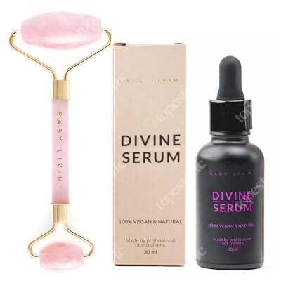 Easy Livin Divine Serum + Roller z Różowego Kwarcu ZESTAW Olejowe serum do masażu twarzy 30 ml + Wałeczek do masażu i liftingu twarzy 1 szt.