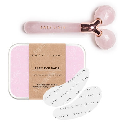 Easy Livin Easy Eye Pads + 3D Lift Beauty Roller ZESTAW Wielorazowe płatki z silikonu 2 szt + Masażer do twarzy z dwoma głowicami z różowego kwarcu 1 szt