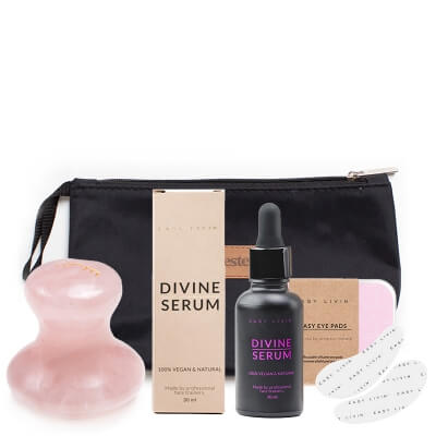 Easy Livin Grzybek + Eye Pads + Divine Serum ZESTAW Grzybek do masażu okolic oczu 1 szt + Płatki z silikonu 2 szt + Olejowe serum 30 ml + Kosmetyczka 1 szt