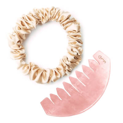 Easy Livin Gumka do włosów + Grzebień z Różowego Kwarcu ZESTAW Frotka z jedwabiu (złota) 1 szt. + Wykonany ręcznie grzebyk z kamienia 1 szt.