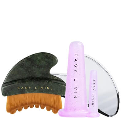 Easy Livin Lymphatic Massage Brush + Cryo Gua Sha + Bańki Do Masażu ZESTAW Szczotka do masażu limfatycznego 1 szt + Gua sha ze stali nierdzewnej 1 szt + Bańki do masażu twarzy i okolic oczu 2 szt