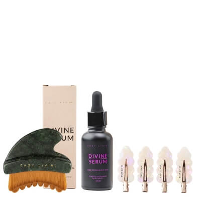 Easy Livin Lymphatic Massage Brush + Divine Serum + No Crease ZESTAW Szczotka do masażu limfatycznego 1 szt + Olejowe serum do masażu twarzy 30 ml + Spinki do włosów z acetatu 4 szt