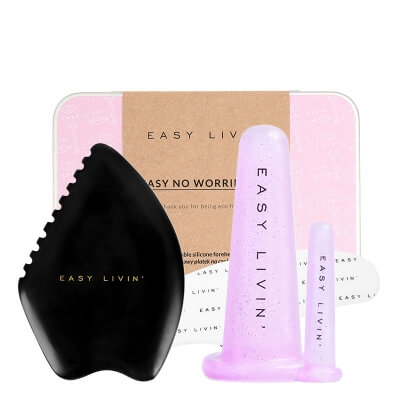 Easy Livin Modelujący Kamień Bian + Easy No Worries Pad + Bańki Do Masażu ZESTAW Gua Sha 1 szt + Wielorazowy płatek na czoło 1 szt + Bańki do masażu twarzy i okolic oczu 2 szt