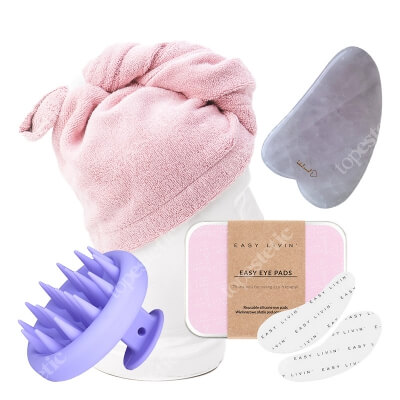 Easy Livin Turban Do Włosów + Szczotka Silikonowa + Easy Eye Pads + Mini Gua Sha GRATIS ZESTAW Ręcznik do włosów (kolor róż) 1 szt + Szczotka do mycia i masażu głowy 1 szt + Wielorazowe płatki z silikonu 2 szt