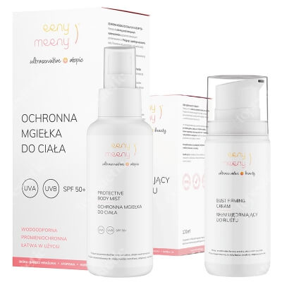 Eeny meeny Ochronna Mgiełka Do Ciała SPF 50+ + Ujędrniający Krem do Biustu ZESTAW Ochrona przeciwsłoneczna i przed promieniowaniem UV 100 ml + Ujędrnia, uelastycznia, wygładza 100 ml