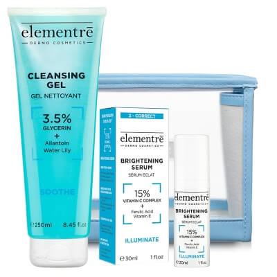 Elementre Clean And Brightening Set ZESTAW Żel oczyszczający 250 ml + Serum z 15% kompleksem witaminy C 30 ml + Kosmetyczka GRATIS 1 szt