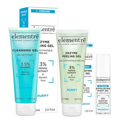 Elementre Clean Routine ZESTAW Enzymatyczny żel peelingujący 75 ml + Złuszczający żel na noc 40 ml + Żel oczyszczający 75 ml