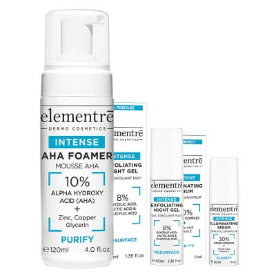 Elementre Exfoliating + Illuminating ZESTAW Delikatna pianka 120 ml + Złuszczający żel na noc 40 ml + Serum z 30% kompleksem witaminy C, 30 ml GRATIS