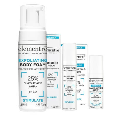 Elementre Exfoliating + Nourishing + Illuminating ZESTAW Oczyszczająca pianka do ciała 120 ml + Krem odżywczy 50 ml + Serum z 30% kompleksem witaminy C, 30 ml GRATIS
