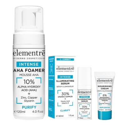 Elementre Glow Reset ZESTAW Pianka złuszczająca i oczyszczająca 120 ml + Serum z 30% kompleksem witaminy C, 30 ml + Krem odżywczy 15 ml