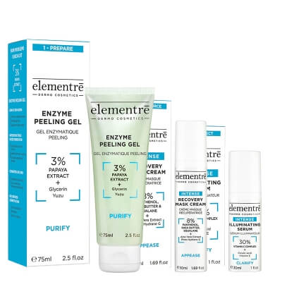 Elementre Peel + Recovery + Illuminating ZESTAW Żel peelingujący 75 ml + Krem regenerująco-nawilżający 50 ml + Serum z 30% kompleksem witaminy C, 30 ml GRATIS