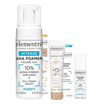 Elementre Radiance Skin ZESTAW Pianka oczyszczająca 120 ml + SPF 50 (kolor Medium Tint) 50 ml + Krem na przebarwienia 40 ml