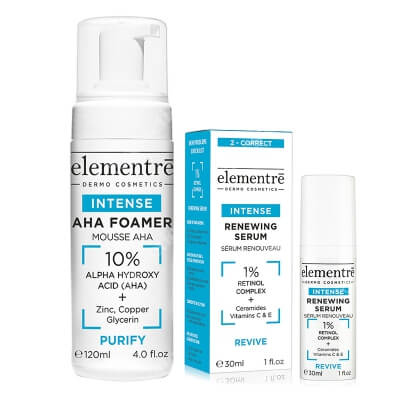 Elementre Renewing Serum + AHA Foamer ZESTAW Serum z 1% retinolem 30 ml + Delikatna pianka, złuszczająca, odtłuszczająca i oczyszczająca 120 ml