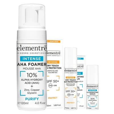 Elementre Sun Protection + Illuminating ZESTAW Filtr przeciwsłoneczny 50 ml + Pianka oczyszczająca 120 ml + Serum z 30% kompleksem witaminy C, 30 ml GRATIS