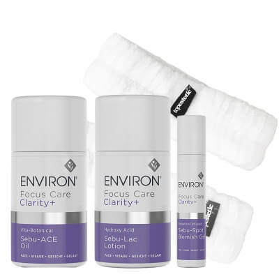 Environ Clarity+ Set ZESTAW Miejscowa kuracja 10 ml + Emulsja 60 ml + Roślinny olejek 60 ml + Opaski nadgarstki 2 szt + Opaska na głowę 1 szt