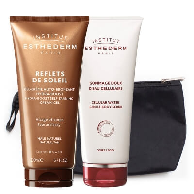 Esthederm Body Scrub + Hydra-Boost Self-Tanning Cream-Gel ZESTAW Peeling do ciała 200 ml + Samoopalacz 200 ml + Kosmetyczka 1 szt