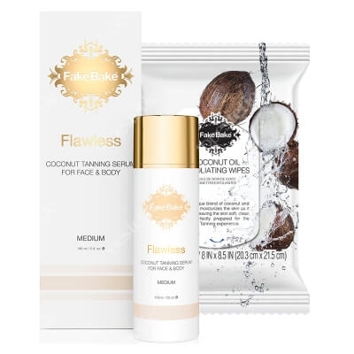 Fake Bake Coconut Exfoliating Wipes + Flawless Coconut Tanning Serum - Medium ZESTAW Chusteczki peelingujace 24 szt + Kokosowe serum opalające do twarzy i ciała 148 ml