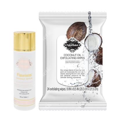 Fake Bake Coconut Exfoliating Wipes + Flawless Coconut Tanning Serum - Medium ZESTAW Chusteczki peelingujace 24 szt + Kokosowe serum opalające do twarzy i ciała 148 ml