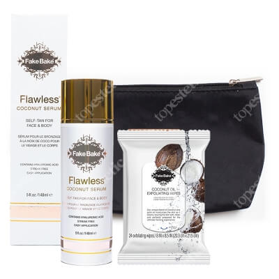 Fake Bake Coconut Tanning Serum - Medium + Coconut Exfoliating Wipes ZESTAW Kokosowe serum opalające 148 ml + Chusteczki peelingujace 24 szt + Kosmetyczka 1 szt