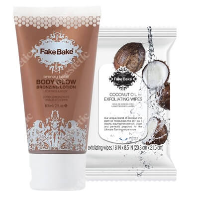 Fake Bake Tinted Body And Face Glow New + Coconut Exfoliating Wipes ZESTAW Balsam rozświetlająco-nawilżający 60 ml + Chusteczki peelingujace 24 szt