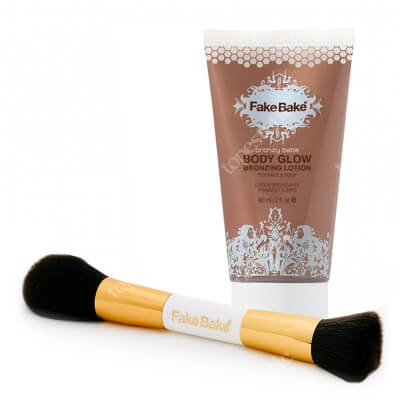 Fake Bake Tinted Body And Face Glow New + Duo Brush ZESTAW Balsam rozświetlająco-nawilżający 60 ml + Pędzel do nakładania pudru 1 szt