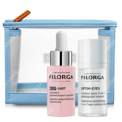 Filorga Pielęgnacja Rewitalizująca ZESTAW Intensywny koncentrat polirewitalizujący 15 ml + Rewitalizujący krem pod oczy 3 w 1, 15 ml + Kosmetyczka 1 szt